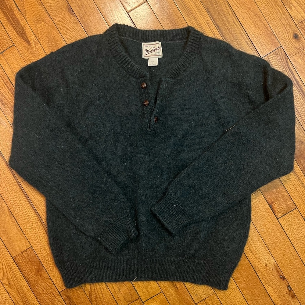 Vintage 90's WOOLRICH Dark Moss 3-Button Henley Sweater Men's Size M Hunting